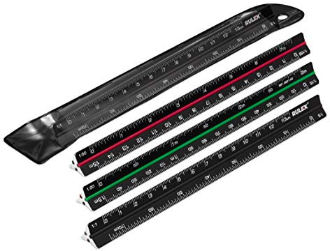 Rulex Mini-Dreikantmaßstab aus Metall, 150 mm, mit farbigen Markierungen, Seite 1: Maßstab 1:1 und 1:5, Seite 2: Maßstab 1:20 und 1:10, Seite 3: Maßstab 1:50 und 1:100