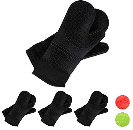 Relaxdays 4 Paar Ofenhandschuhe Silikon, hitzebeständig, Anti-Rutsch Grillhandschuhe, weiches Innenfutter, Backhandschuhe, schwarz