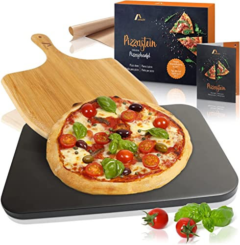 Amazy Pizzastein inkl. Bambus Pizzaschaufel, Dauerbackfolie und Rezepte Heft – Der Brotbackstein (hitzebeständig, schwarz) verleiht Ihrer Pizza den Geschmack italienisch knuspriger Steinofenpizza