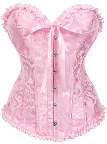 SHYMMUO Pink Corset Top for Women Sexy Overbust Bustier Floral Lace Up Corset Tops Satin Strapless Renaissance Fairy Halloween Costume Clubwear S