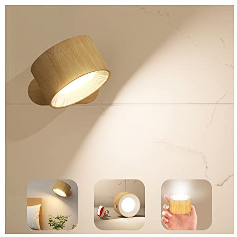 Applique Murale Interieur, Lampe Murale Touch LED avec Port de Charge USB Contrôle Tactile, 3 Niveaux de Luminosité 3 Températures Rotatifs 360° Lampe pour Chambre à Coucher 1 Pack (grain de bois)