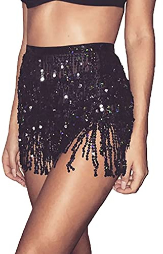 Femmes paillettes danse jupe danse du ventre tenue paillettes gland frange hanche écharpe Rave taille ceinture ceinture Costume pour les filles (Noir)