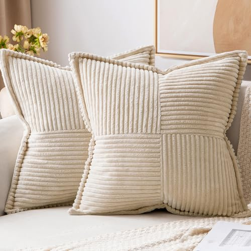 MIULEE Federde in Velluto a Coste Decorative Fodere Federe Cuscni Morbido Copricuscini Cuscino Federe per Divano Moderne Comodo Robusto per Camera da Divano Letto 2 Pezzi Creme 50x50 cm