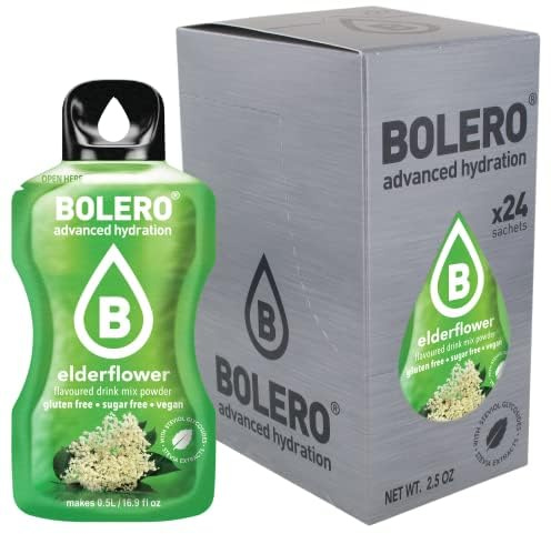 Bolero ELDERFLOWER 24x3g | Jus en poudre sans sucre, édulcoré à la stévia + vitamine C | pour enfants et sportifs | sans gluten, végétalien | saveur fleur de sureau
