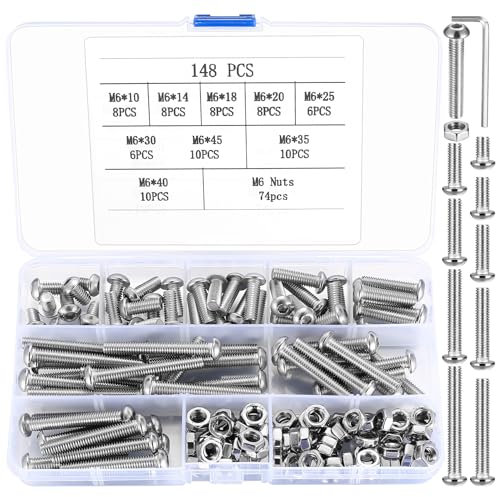 Lot de 148 vis M6 à tête bombée à tête hexagonale avec kit d'écrous, vis filetées, vis pour machine, vis à tête hexagonale M6