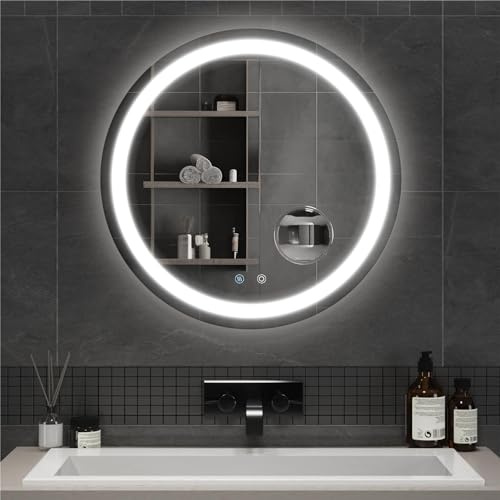 Mondeer 60 cm LED Miroir Rond Salle de Bain, Miroir Mural avec Eclairage avec Interrupteur Tactile et Anti-buée, Loupe 5X Detachable avec Luminosité Ajustable, Style Moderne pour Salle de Bain