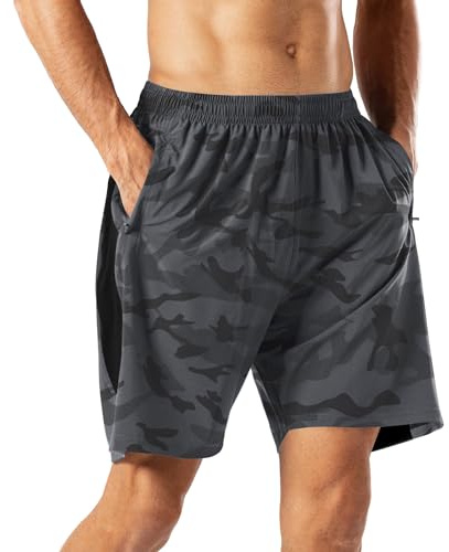 HMIYA Sportshorts för män snabbtorkande korta byxor med dragkedja, Kamouflagegrå, M