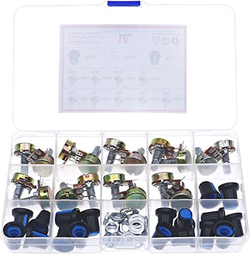 SFJSFIMQ Relais 18Pcs 3Pin WH148 Single Potentiometer Kit B1K 5K 10K 20K 50K 100K 500K 1M mit Knöpfen Single Potentiometer Set Wellenmuttern