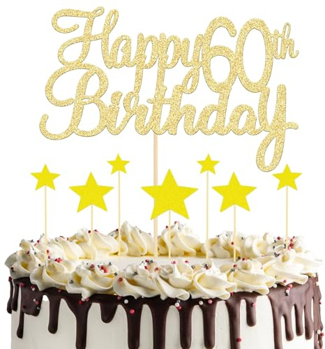 8 Pcs Gold Happy 60th Birthday Cake Topper - 1 Topper, 7 Star Cupcake Toppers, Glitter 60th Cake Topper for Anniversary Party Supplies