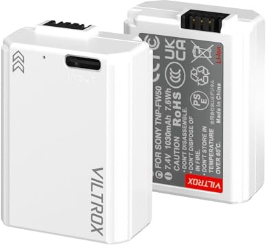 VILTROX 2 Pack NP-FW50 Batería de Repuesto de 1030mAh batería Recargable con Carga rápida Tipo C, Compatible con Sony ZV-E10, Alpha 7, A7, A7II, A7RII, A7SII, A7S, A5000, A6000, A6500, A6400