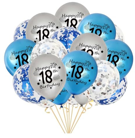 Luftballon 18. Geburtstag, 21 Stück Blau Silber Ballons 18 Jahre Geburtstagsdeko Happy Birthday Deko Latex Konfetti Ballon für Mädchen Jungen 18. Jubiläum Geburtstag Party Dekoration 12Zoll