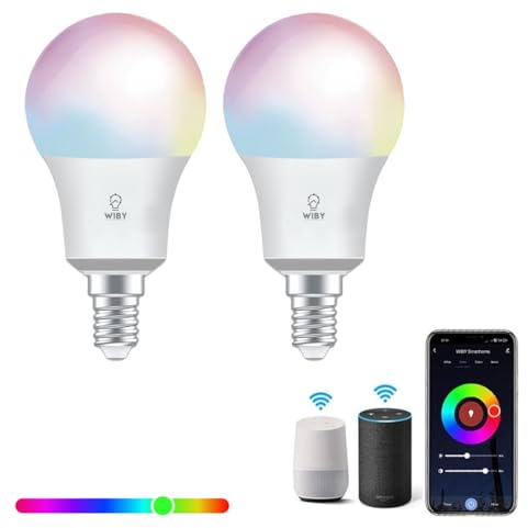 Wiby Lampadina LED Smart, Attacco E14, 8W RGBWW, Dimmerabile 2700K/6500K, 806lm, Compatibile con Alexa & Google Home, Controllo App, Wi-Fi 2,4 GHz, 2 unità