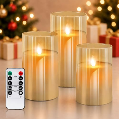PinnWaa LED Kerzen, 3 Flammenlose Glaskerzen mit Timer, Gold | 10-Tasten-Fernbedienung, Flackereffekt, Dimmbares Licht, Weihnachtsdeko, Tischdeko, Hochzeit, Party und Wohnzimmerdeko