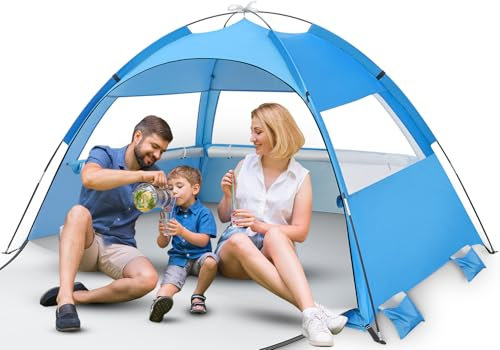 Strandmuschel Pop Up Strandzelt, Strandmuschelnz für 3-4 Personen, Automatisches Strand Zelt Sonnenschutz & Windschutz Blau Pack, Strandzelt Leicht, Einfach Geeignet für Kinder-Familienausflüge