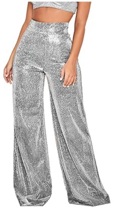 Guozyly Pantalon Évasé à Paillettes - Taille Haute Métallique Large - Argenté Bling - Style Années 70 - Clubwear Brillant