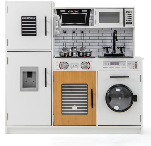 Maxmass Wooden Kids Kitchen Play Set, Toddler Pretend Toy Kitchen with Light, Sound, Telephone, Water Dispenser, Microwave, Oven, Utensils, Children Role Play Kitchens for 3+ Years Old