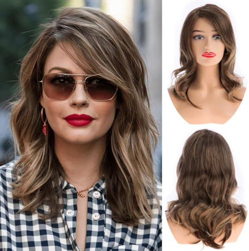 Beweig Braune Perücke mit Bangs für Frauen Natürliche Lockige Bob Perücke mit Side Bangs Synthetische Hitzebeständige Perücken für tägliche Party