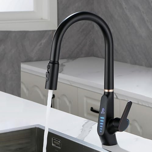 Agteruo Rubinetti da Cucina a 3 Vie, Miscelatore per lavello con Filtro Estraibile, miscelatori da Cucina a Collo di Cigno Neri con doccetta Estraibile, Rubinetto a 3 Vie con Display