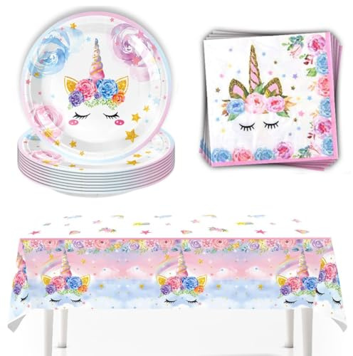 FTXanty 41 Pcs Vaisselle Jetable Anniversaire Licorne Vaisselle Anniversaire Fille Jetable Assiettes + Serviette +Nappe de Fête pour Fête Décorations Noël