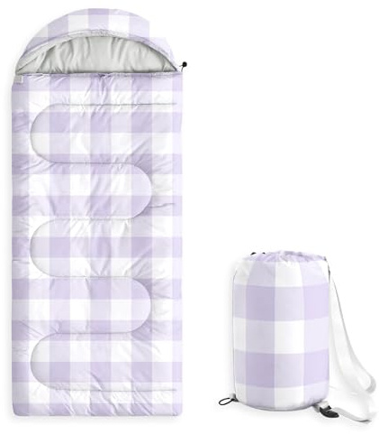 Wake In Cloud - Kids Sleeping Bag for Boys Girls Toddlers, Camping in Warm Cold Weather, Backpacking Lightweight Compact Outdoor Liner for 3 Seasons, Gingham Plaid, Purple