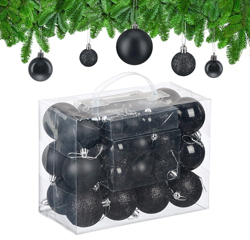 Relaxdays Weihnachtskugeln im 50er Set, Kunststoff, glitzernde, Matte, glänzende Baumkugeln, Christbaumschmuck, schwarz
