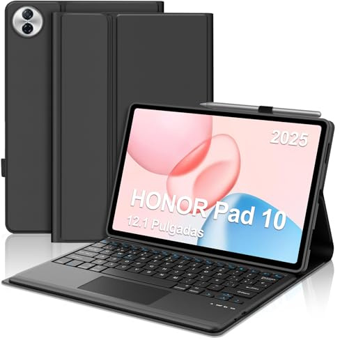 SENGBIRCH Funda con Teclado para Honor Pad 10 12.1 con Touchpad, Español Ñ Teclado QWERTY Diseño para Honor Pad 10 2025 12.1 Pulgadas, Magneticamente Desmontable Keyboard, Negro
