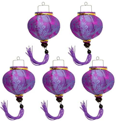 Set mit 5 kleinen asiatischen Laternen aus Seide, Mauve R, Durchmesser 11 cm – traditioneller Hoi an Lampion aus Stoff, Bambus und Holz – Dekoration und Handwerk aus Vietnam (S56-8450)