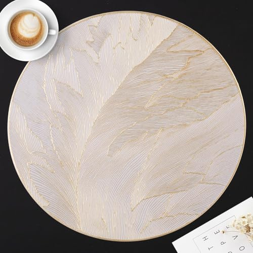 FAVE 4er Set Runde Platzsets aus Vinyl mit goldnem Feder-Design, rutschfest & Wischfest für Tischdeko, Weihnachten, Hochzeit und Feste (Gold)