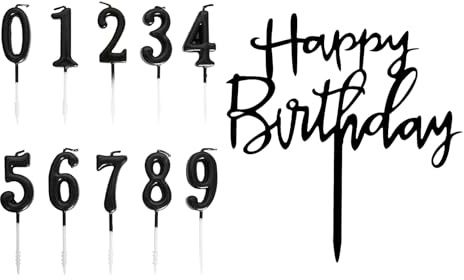 Rieoany Juego de Velas de Cumpleaños Negras Velas con Números para Pastel del 0 al 9 con Decoración de Happy Birthday