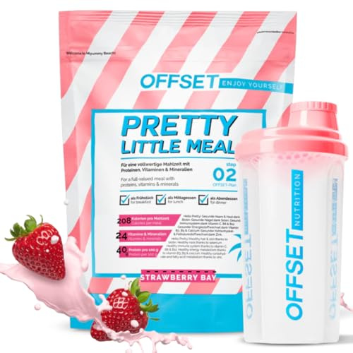 OFFSET Nutrition Abnehm Shake Strawberry [nur 208 KCAL pro Shake] mit Shaker - 28 Portionen | Mahlzeitersatz | Diät mit 24 Vitaminen & Mineralien | Glutenfreie Trinkmahlzeit
