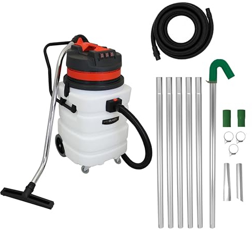 Nass- & Trocken Industriestaubsauger 90L, Dachrinnen Reinigung, 1,2m - 7,2m Abflusssauger, 5m Schlauch, 3000 W, Dreifachmotor, 6,5m Kabel, Edelstahlbehälter, MaxBlast, mit/ohne Beutel, Stofffilter