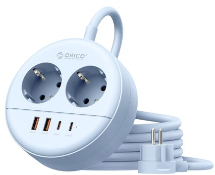 ORICO Regleta Enchufes Redonda, 2 Tomas CA, 2 USB-A, 2 USB-C 20W, 1,5m | Montaje en pared (tornillos incluidos), ignífugo y ahorro de espacio. Diseño moderno para oficina y hogar. Azul OSP
