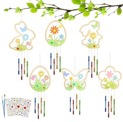 12tlg Ostern Windspiel Bastelset, Kinder Ostern Eier Basteln Holz Osterhase Ostereier Blumen Schmetterlinge, Bemalen Dekorieren für Osterdeko Frühling Mädchen Junge