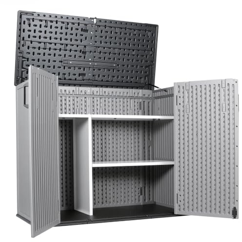 Panana Outdoor Storage Shed Box, Weather Resistant Plastic Garden Utility Chest, 55.9x26.4x46.6 inch Lockable with Hydraulic Hinges, Grey (Shed with Dividers)