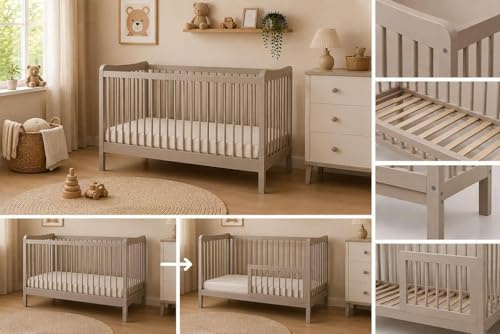 Baby Happy Bliss Kinderbett Sasha 120x60 cm aus Buchenholz, umbaubar zum Juniorbett mit Rausfallschutz, EN 716 geprüft, 3-Fach höhenverstellbar (Taupe)