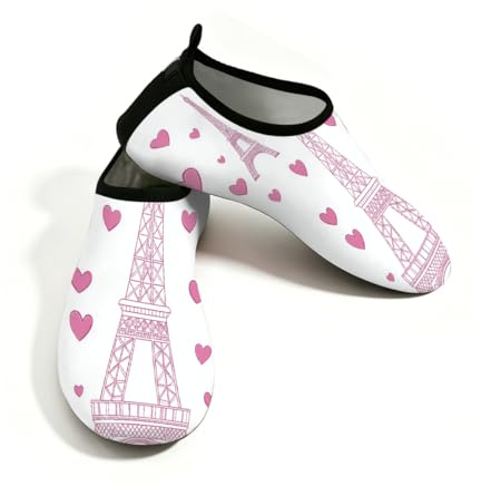 Scarpe da sport acquatici da donna, ad asciugatura rapida, da spiaggia, da nuoto, torre Eiffel, cuori rosa, senza lacci, calzini acquatici per escursionismo, surf, yoga, Torre Eiffel Cuori Rosa, 41/42
