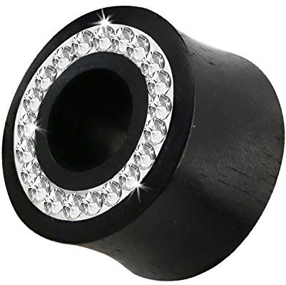 Piercingfaktor® Holz Ohr Flesh Tunnel Ear Plug Piercing mit integrierten Kristallen am Rand in Schwarz 6mm