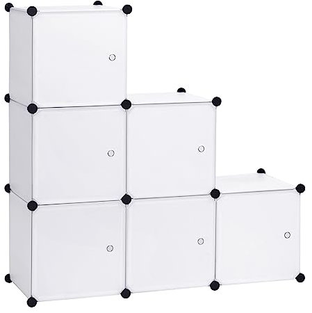 WOLTU Garderobenschrank DIY Kleiderschrank Regalsystem Steckregal Aufbewahrung Lagerregal Bücherregal mit Tür, 6 Fächer, Kunststoff, 96x30x96cm(BxTxH), Weiß