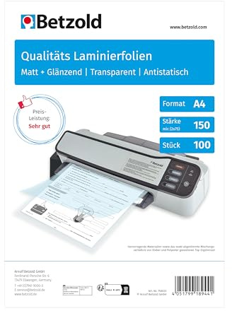 Betzold Laminierfolien DIN A4, 100 Stück | Laminiertaschen, Folierfolien, Dokumentenschutz, Schule, Büro