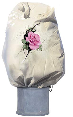 AFP Winterschutz Vlieshaube Rosenblüte, beige/rosa. Gartenvlies atmungsaktiv - Frostschutzhaube/Kübelpflanzensack/Pflanzen überwintern/Gartendeko – 2 Jutesäckchen gratis