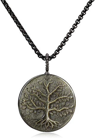 coai Pendente Albero della Vita in Ossidiana, Collana Pendente Unisex Catena Acciaio Inox