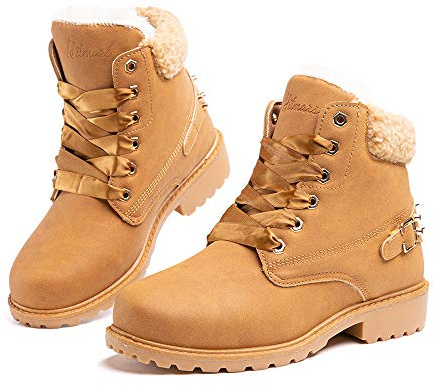 Hitmars Stivali Donna Invernali Stivaletti da Neve Pelliccia Scarpe Snow Boots Caldo Stringati Scarponi Bassi Antiscivolo Cachi-1 39 EU