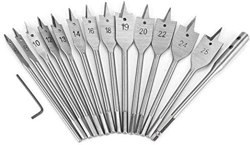KAHEIGN 15Pcs Flachfräsbohrer Set, 6mm - 25mm Titanbeschichteter Spatenbohrer aus Kohlenstoffstahl mit Schraubenschlüssel und Zusatzhebel, Flache Bit Set für Holzbearbeitung