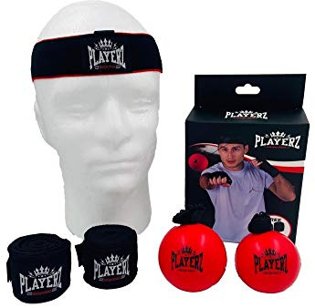 Playerz Reflex Trainer - Verstellbares Kopfband mit 2 Bällen für Hand-Augen-Koordination, Reflex & Timing, inklusive Handbandagen & Tragetasche - Ideal für Boxen & MMA Training