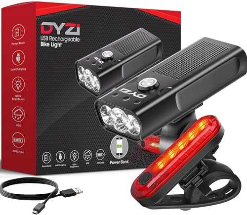 DYZI Bike Lights-USB Rechargeable Bike Light Set Easy to Fit & Mount-Waterproof Bicycle Light With Built-in Powerbank for Charging Devices Red