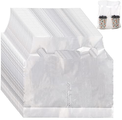 DEAYOU 200 Pack Handle Drinking Poly Bags, Clear Plastic Packaging Bags for Delivery, 12 L x 11 H Hanging Hole Cup Carrier with Handle for Take Out, Beverage, Coffee, Juice, Stores, Hold 2 Cups