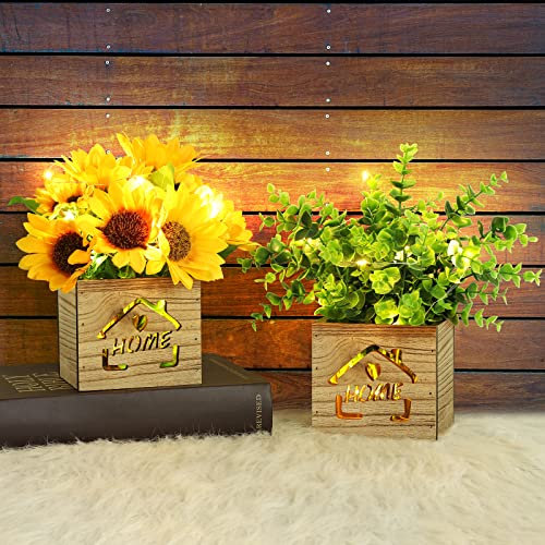 AceList Künstliche Pflanzen im Topf x2 mit LED-Licht im Holzkiste, Künstliche Blumen Deko Sonnenblume und Eukalyptus Pflanze, Kunstpflanzen im Topf Fake Pflanzen für Schlafzimmer Wohnzimmer Badezimmer