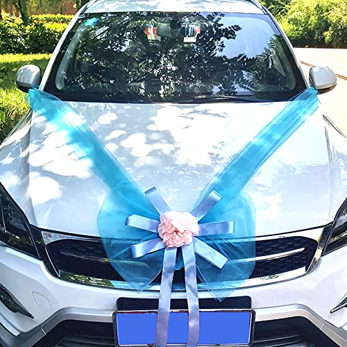 Duories Organza Autoschmuck Braut Paar Hochzeit Autoschleife Große Car Bow Tüll Schleife Riesenschleife Dekoschleife für Auto Dekor Hochzeit New Houses Party Feier Valentinstag Brautwagen Deko,Blau A