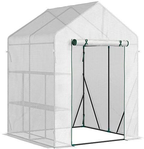 Outsunny Walk In Greenhouse with 2 Tier Shelf, Portable Gardening Plant Grow House Tomato Greenhouse with Roll up Zip Panel Door, Reinforced PE Cover, 143 x 143 x 195cm, Green