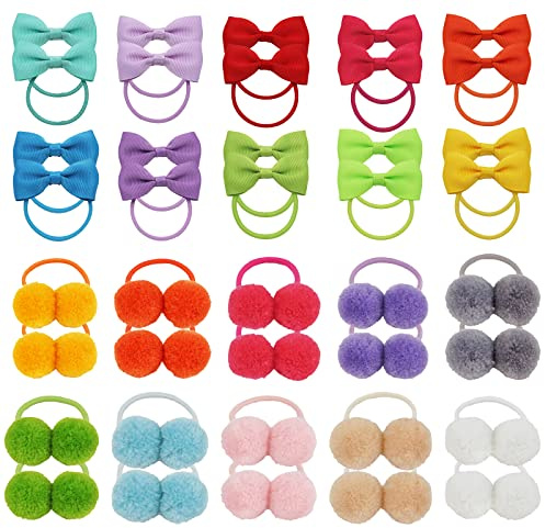 VEGCOO 40pcs Gomas Pelo Niña, Lazos Elásticos con Pompones, Cintas para el Pelo Multicolores Accesorios Para el Cabello para Bebé Niña